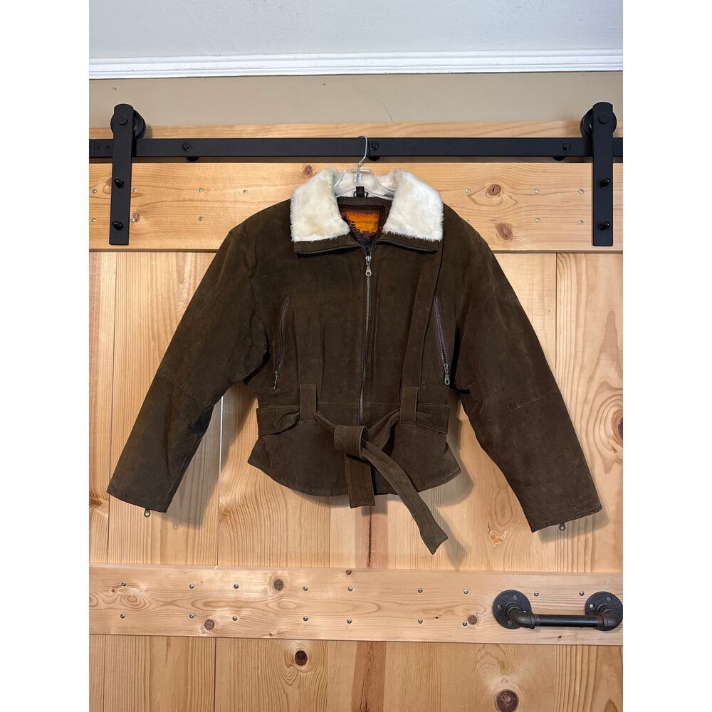 Outbrook VTG Brown Leather Sherpa Collar Belted Moto Bomber Jacket Women’s M 90s